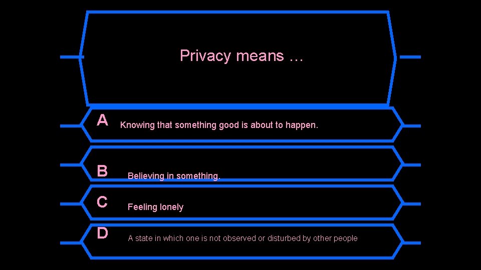Privacy means … A Knowing that something good is about to happen. B Believing