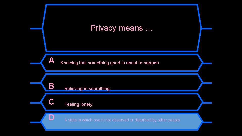 Privacy means … A Knowing that something good is about to happen. B Believing