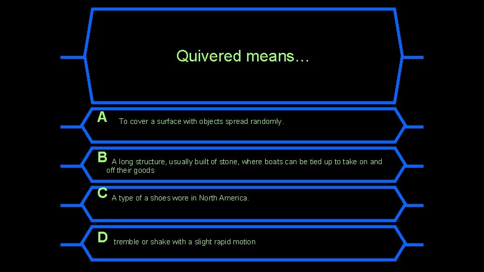 Quivered means… A To cover a surface with objects spread randomly. B A long
