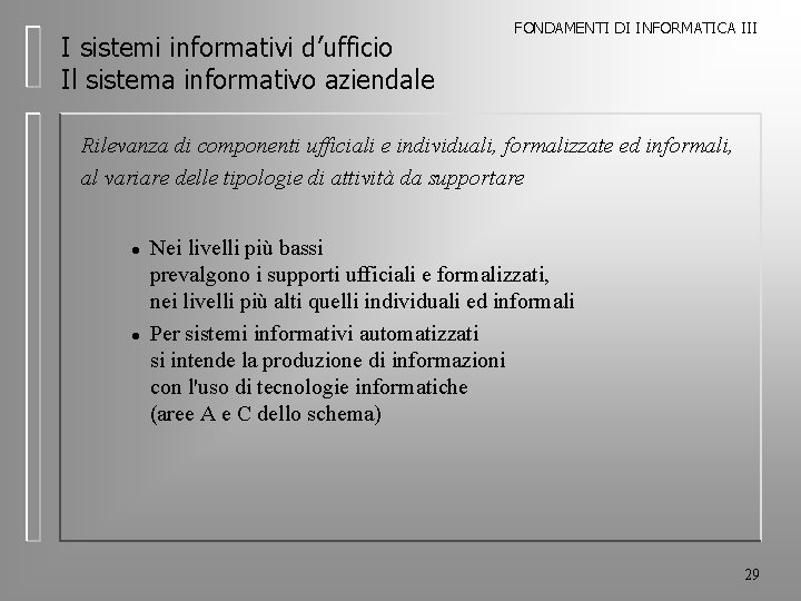 I sistemi informativi d’ufficio Il sistema informativo aziendale FONDAMENTI DI INFORMATICA III Rilevanza di