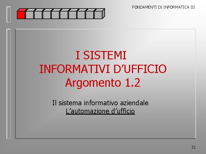 FONDAMENTI DI INFORMATICA III I SISTEMI INFORMATIVI D’UFFICIO Argomento 1. 2 Il sistema informativo
