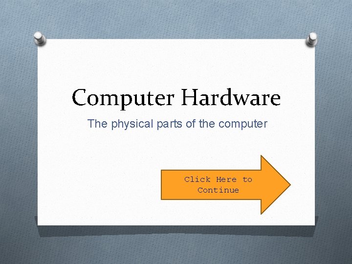 Computer Hardware The physical parts of the computer Click Here to Continue 