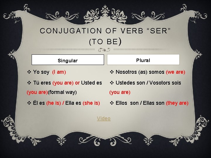 CONJUGATION OF VERB “SER” (TO BE) Plural Singular v Yo soy (I am) v