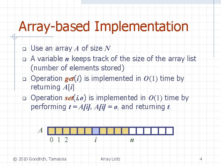 Array-based Implementation q q Use an array A of size N A variable n