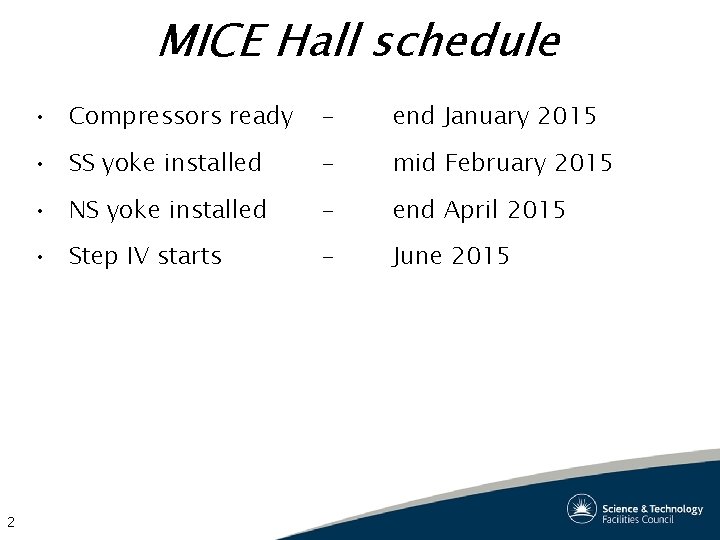 MICE Hall schedule 2 • Compressors ready - end January 2015 • SS yoke