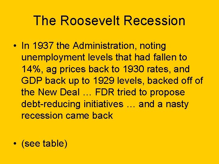 The Roosevelt Recession • In 1937 the Administration, noting unemployment levels that had fallen