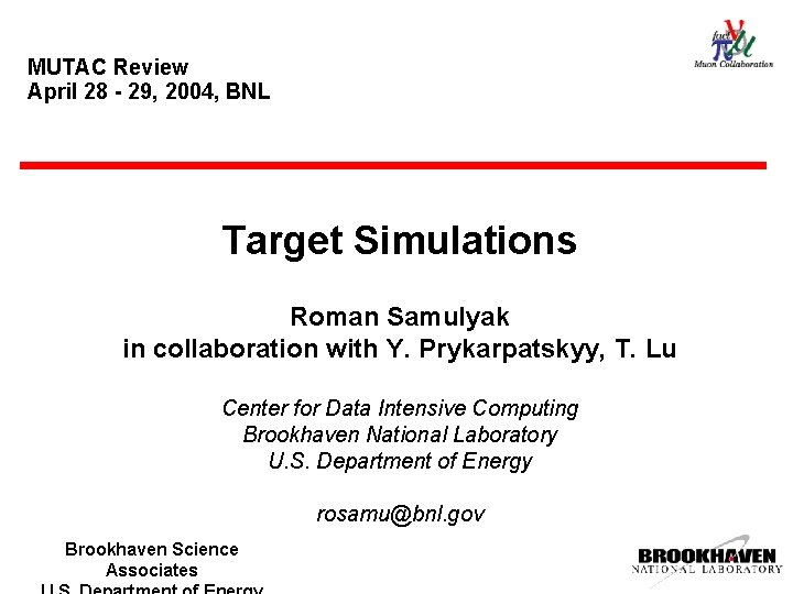 MUTAC Review April 28 - 29, 2004, BNL Target Simulations Roman Samulyak in collaboration