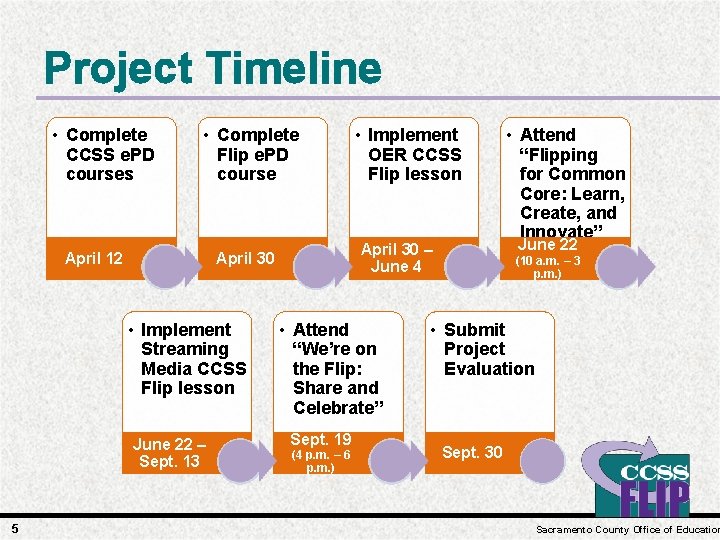 Project Timeline • Complete CCSS e. PD courses • Complete Flip e. PD course