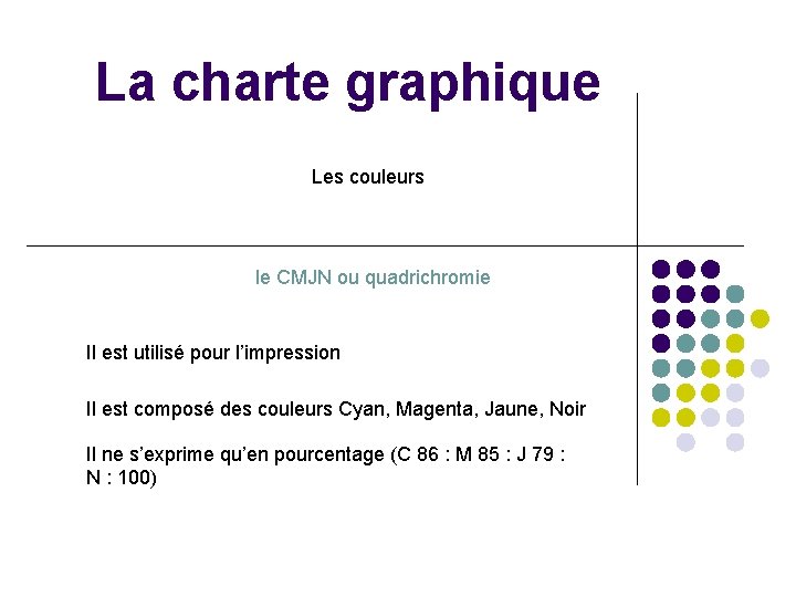 La charte graphique Les couleurs le CMJN ou quadrichromie Il est utilisé pour l’impression
