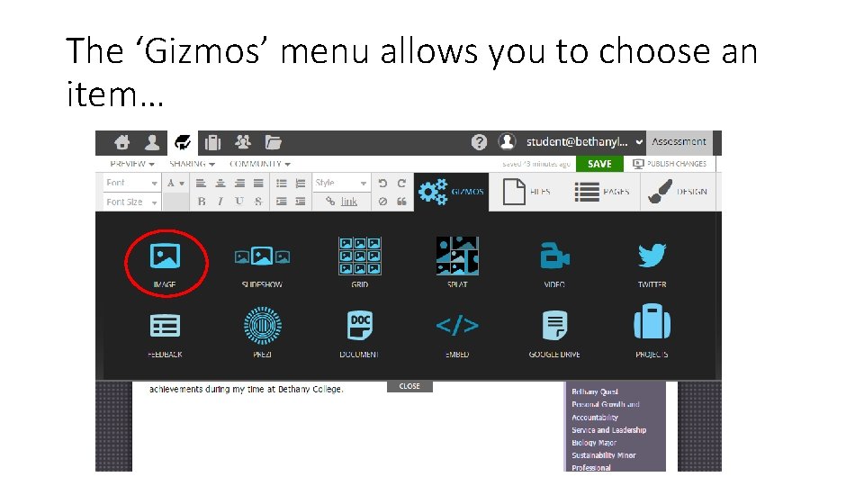 The ‘Gizmos’ menu allows you to choose an item… 