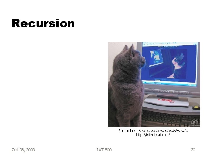 Recursion Remember— base cases prevent infinite cats. http: //infinitecat. com/ Oct 28, 2009 IAT