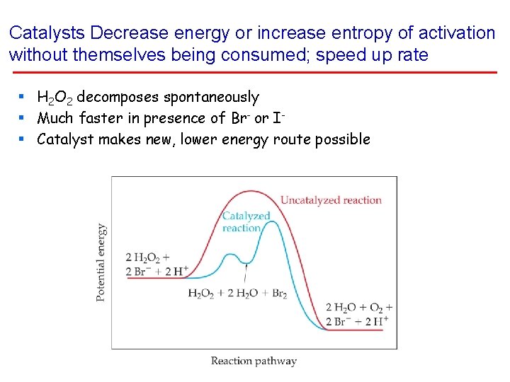 Catalysts Decrease energy or increase entropy of activation without themselves being consumed; speed up Catalysts Decrease energy or increase entropy of activation without themselves being consumed; speed up