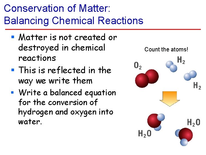 Conservation of Matter: Balancing Chemical Reactions § Matter is not created or destroyed in Conservation of Matter: Balancing Chemical Reactions § Matter is not created or destroyed in