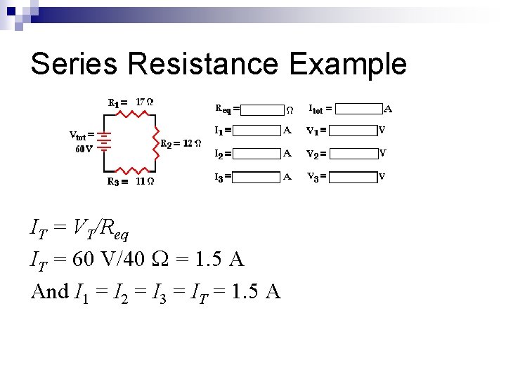 Series Resistance Example IT = VT/Req IT = 60 V/40 W = 1. 5