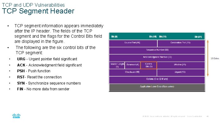 TCP and UDP Vulnerabilities TCP Segment Header • TCP segment information appears immediately after