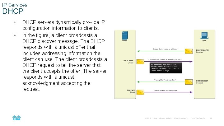 IP Services DHCP • • DHCP servers dynamically provide IP configuration information to clients.