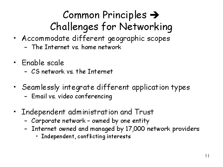 Common Principles Challenges for Networking • Accommodate different geographic scopes – The Internet vs.