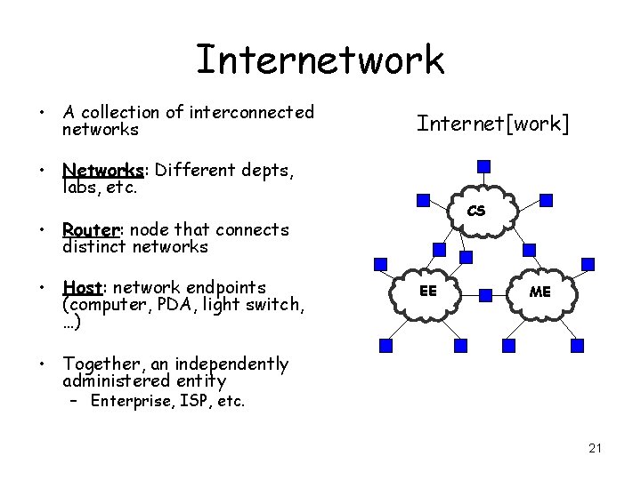 Internetwork • A collection of interconnected networks Internet[work] • Networks: Different depts, labs, etc.