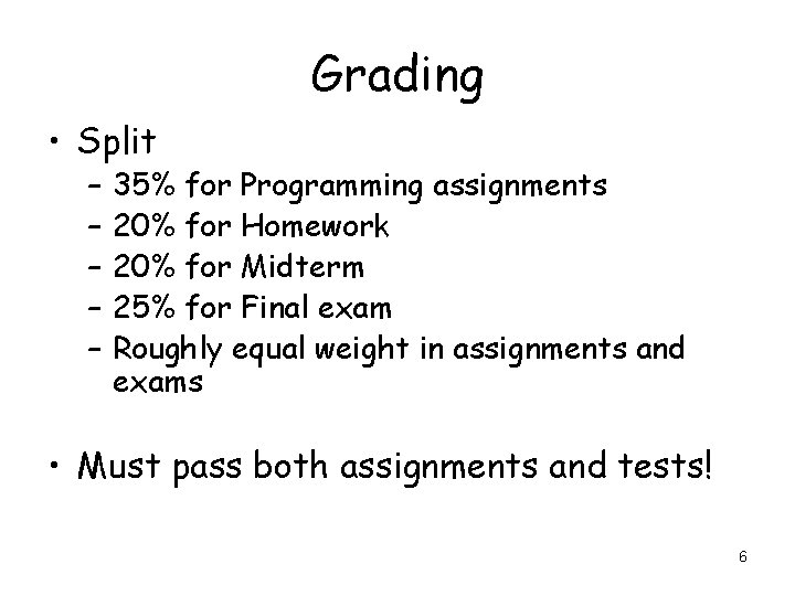 Grading • Split – – – 35% for Programming assignments 20% for Homework 20%