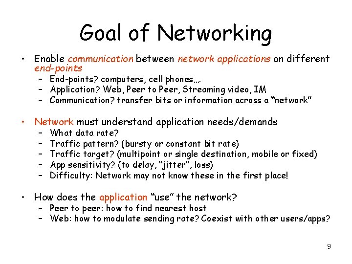 Goal of Networking • Enable communication between network applications on different end-points – End-points?