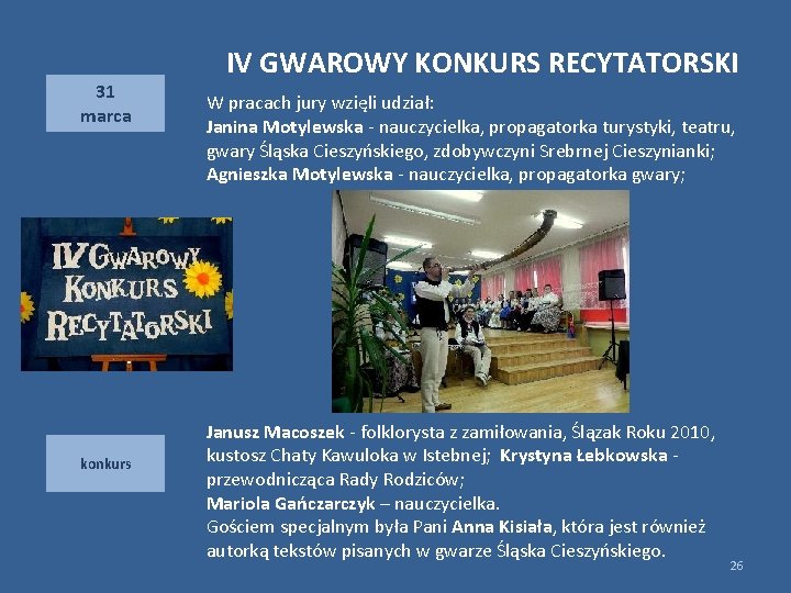 31 marca IV GWAROWY KONKURS RECYTATORSKI W pracach jury wzięli udział: Janina Motylewska -