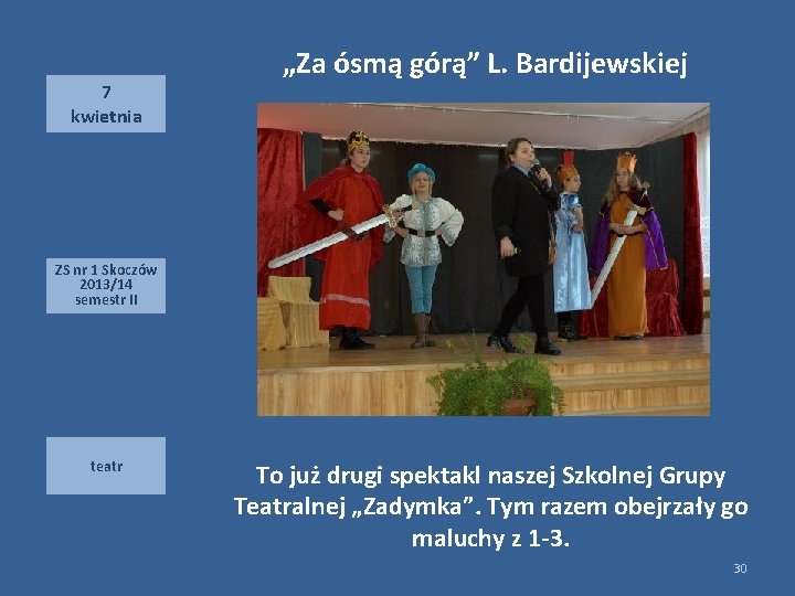 7 kwietnia „Za ósmą górą” L. Bardijewskiej ZS nr 1 Skoczów 2013/14 semestr II