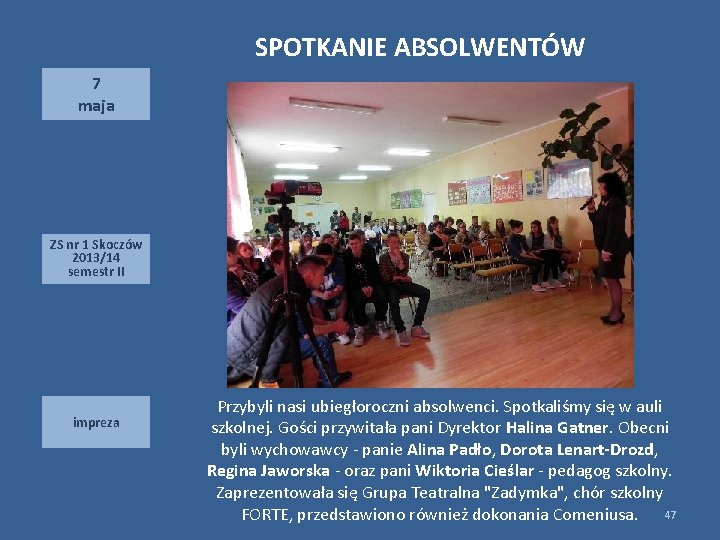 SPOTKANIE ABSOLWENTÓW 7 maja ZS nr 1 Skoczów 2013/14 semestr II impreza Przybyli nasi