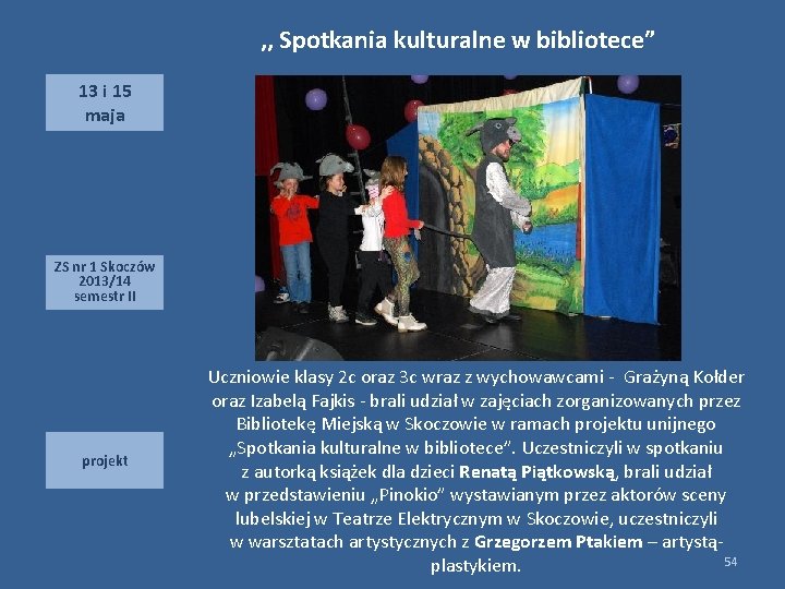 , , Spotkania kulturalne w bibliotece” 13 i 15 maja ZS nr 1 Skoczów