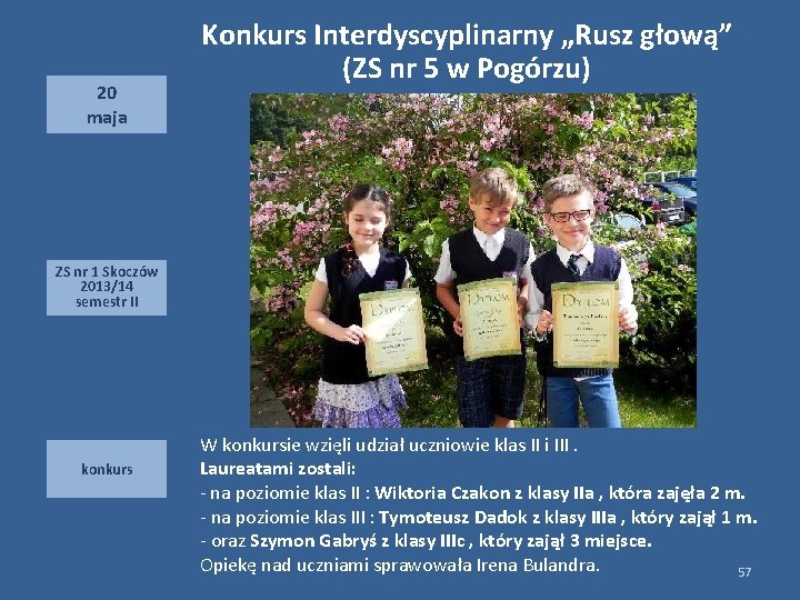 20 maja Konkurs Interdyscyplinarny „Rusz głową” (ZS nr 5 w Pogórzu) ZS nr 1