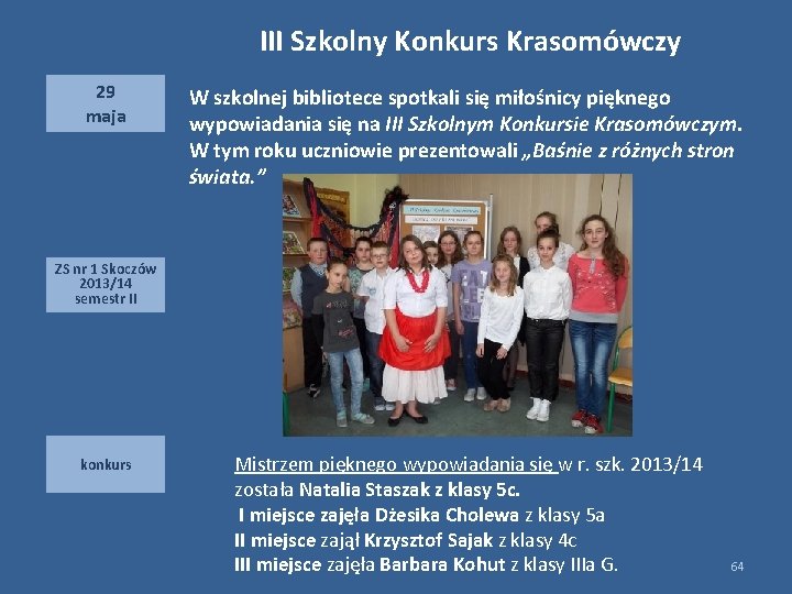 III Szkolny Konkurs Krasomówczy 29 maja W szkolnej bibliotece spotkali się miłośnicy pięknego wypowiadania