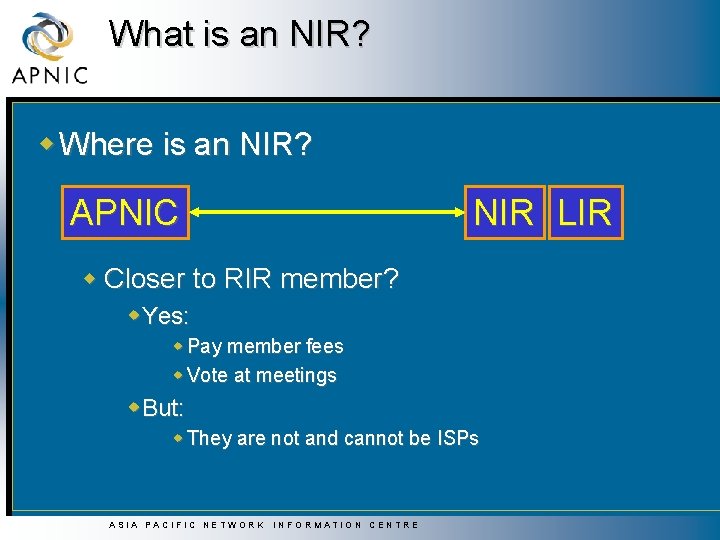 What is an NIR? w Where is an NIR? NIR LIR APNIC w Closer