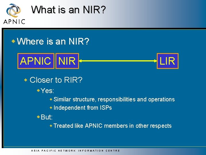 What is an NIR? w Where is an NIR? LIR APNIC NIR w Closer