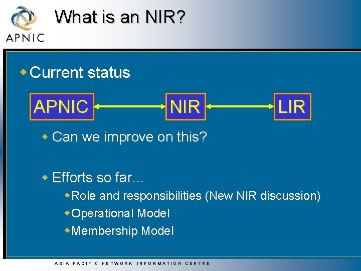 What is an NIR? w Current status APNIC NIR LIR w Can we improve