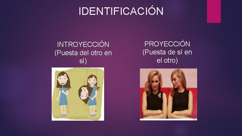 IDENTIFICACIÓN INTROYECCIÓN (Puesta del otro en sí) PROYECCIÓN (Puesta de sí en el otro) IDENTIFICACIÓN INTROYECCIÓN (Puesta del otro en sí) PROYECCIÓN (Puesta de sí en el otro)