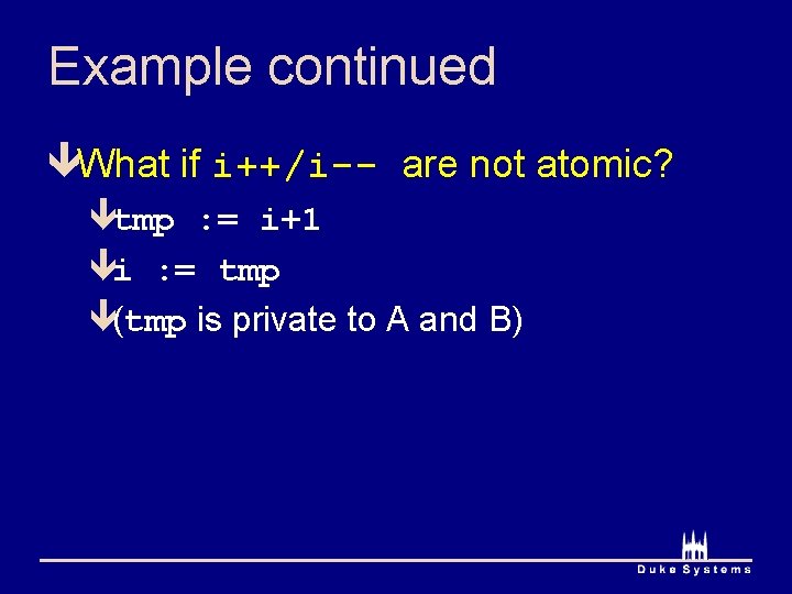 Example continued êWhat if i++/i-- are not atomic? êtmp : = i+1 êi :