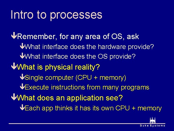 Intro to processes êRemember, for any area of OS, ask êWhat interface does the