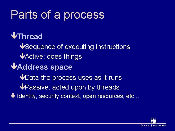 Parts of a process êThread êSequence of executing instructions êActive: does things êAddress space