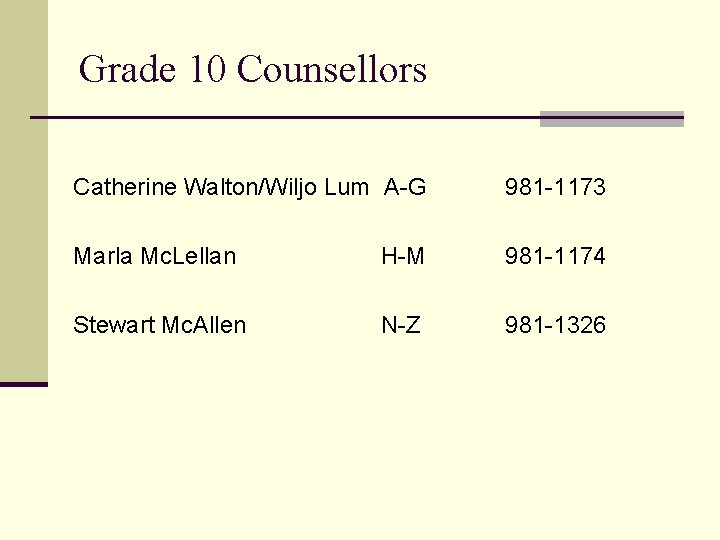 Grade 10 Counsellors Catherine Walton/Wiljo Lum A-G 981 -1173 Marla Mc. Lellan H-M 981