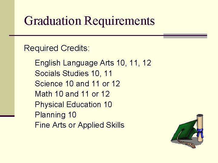 Graduation Requirements Required Credits: English Language Arts 10, 11, 12 Socials Studies 10, 11