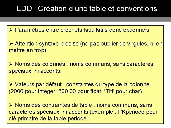 LDD : Création d’une table et conventions Ø Paramètres entre crochets facultatifs donc optionnels.