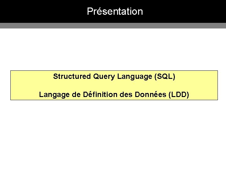 Présentation Structured Query Language (SQL) Langage de Définition des Données (LDD) 