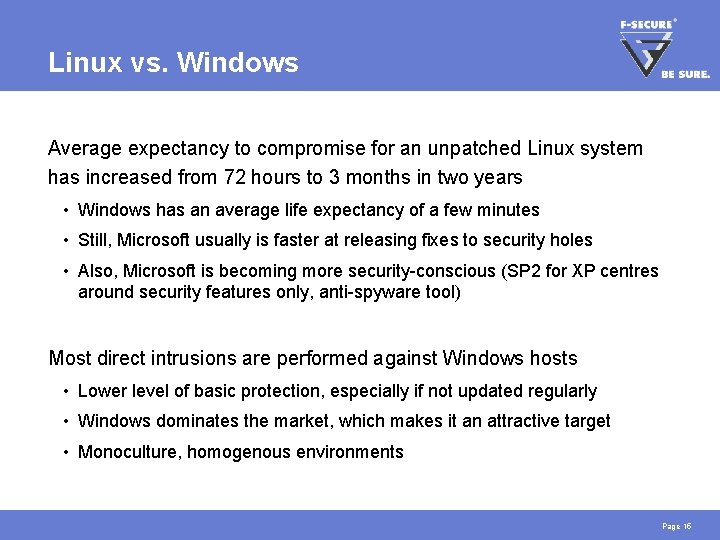 Linux vs. Windows Average expectancy to compromise for an unpatched Linux system has increased Linux vs. Windows Average expectancy to compromise for an unpatched Linux system has increased