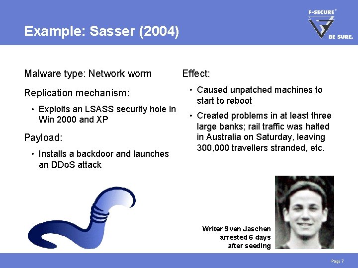 Example: Sasser (2004) Malware type: Network worm Replication mechanism: • Exploits an LSASS security Example: Sasser (2004) Malware type: Network worm Replication mechanism: • Exploits an LSASS security