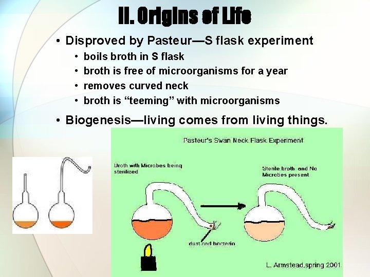 II. Origins of Life • Disproved by Pasteur—S flask experiment • • boils broth