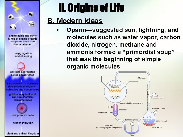 II. Origins of Life B. Modern Ideas • Oparin—suggested sun, lightning, and molecules such