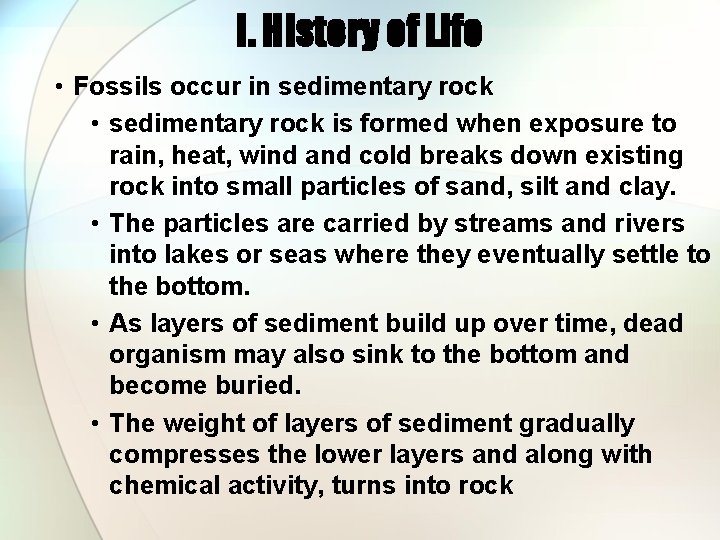 I. History of Life • Fossils occur in sedimentary rock • sedimentary rock is