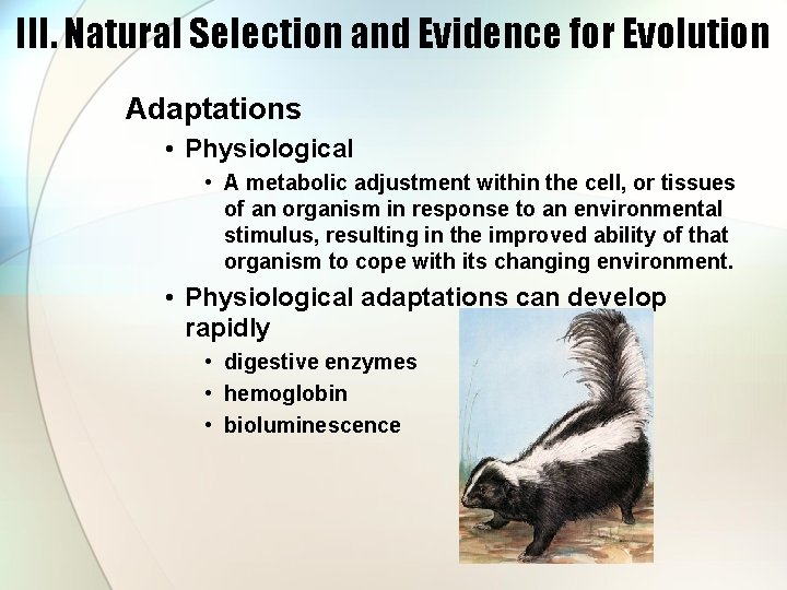 III. Natural Selection and Evidence for Evolution Adaptations • Physiological • A metabolic adjustment