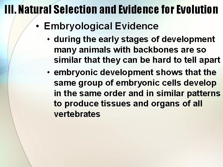 III. Natural Selection and Evidence for Evolution • Embryological Evidence • during the early