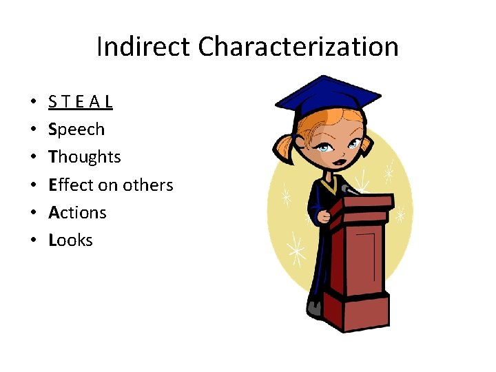 Indirect Characterization • • • STEAL Speech Thoughts Effect on others Actions Looks 