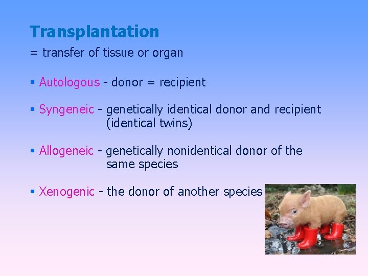 Transplantation = transfer of tissue or organ Autologous - donor = recipient Syngeneic -
